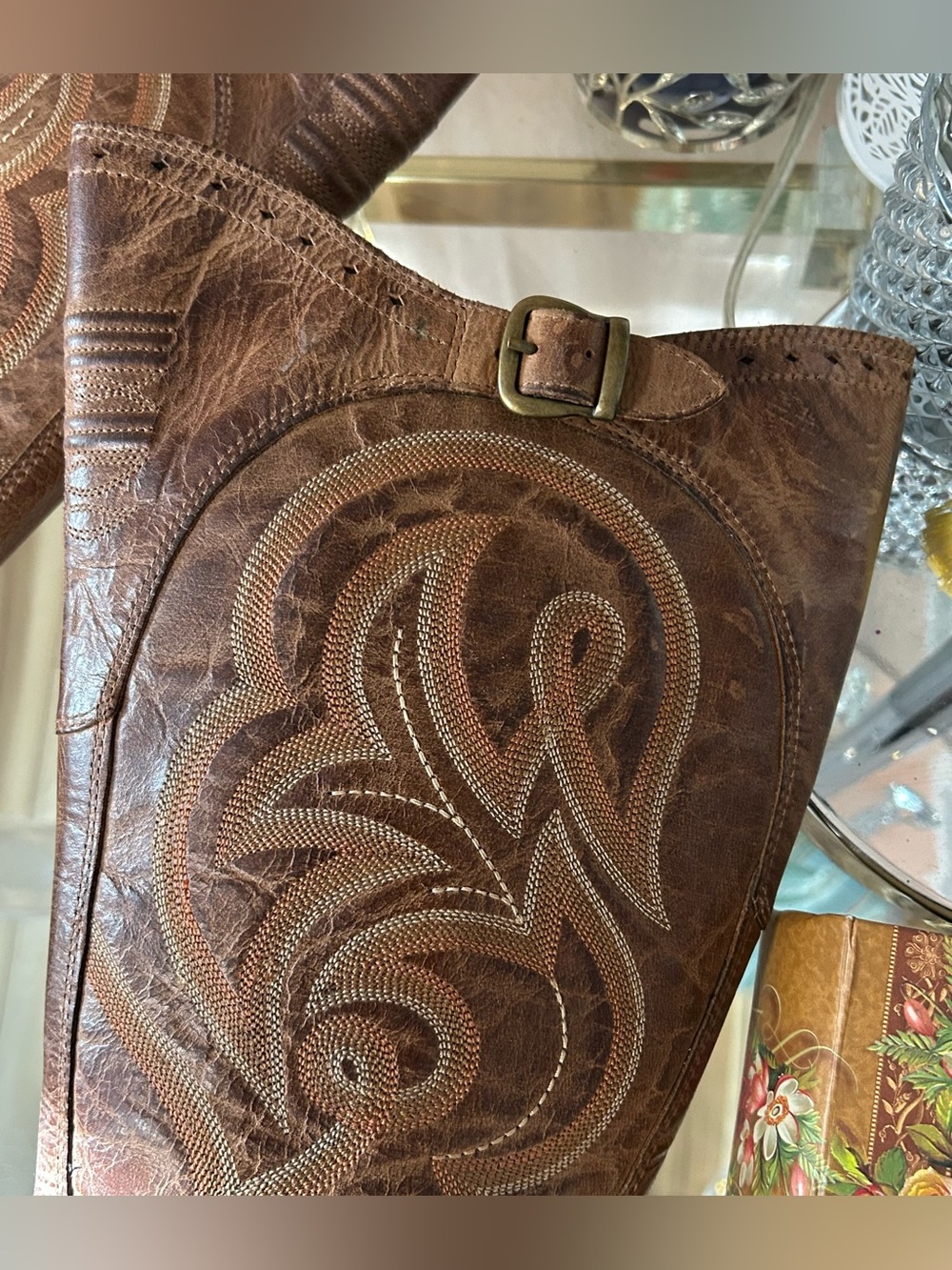 Ariat Distressed Brown Embroidered Leather Western Heeled Zipper Boots Size 7 - Picture 13 of 16